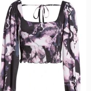 TOPSHOP DATE NIGHT LONG SLEEVE PRINT TIE BACK CROPPED TOP 12 NEW WITH TAGS